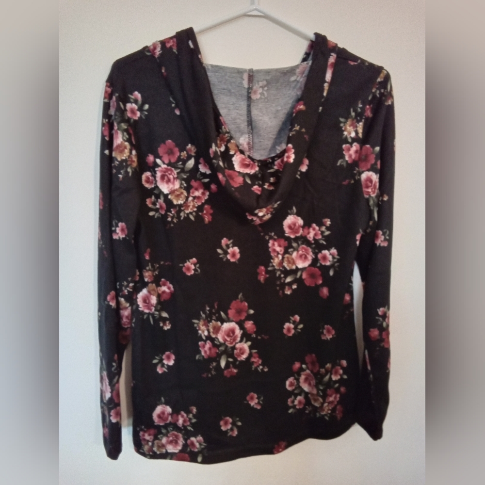 EDISTA Women's Black And Pink Hooded Soft Knit Long Sleeve Floral Top Medium